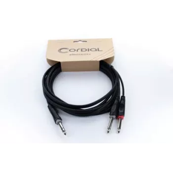 Cabo adaptador Y de áudio Cordial 14877 ficha jack 6,3 mm estéreo para 2x ficha jack 6,3 mm mono 1,5 m preto PVC cabo duplo