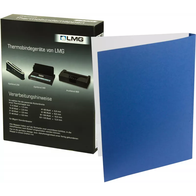 LMG Capas de encadernação térmica A4 azul aspeto couro 2,0 mm lombada, pack de 50 LMG-BMDLM-BL-R2