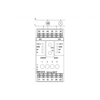 Dispositivo de campo METZ BMT-F-DO4 BACnet MS/TP com 4 saídas de relé, 4 entradas universais, 2 saídas analógicas, RS485, montagem em calha DIN, 24V AC/DC 110886132170