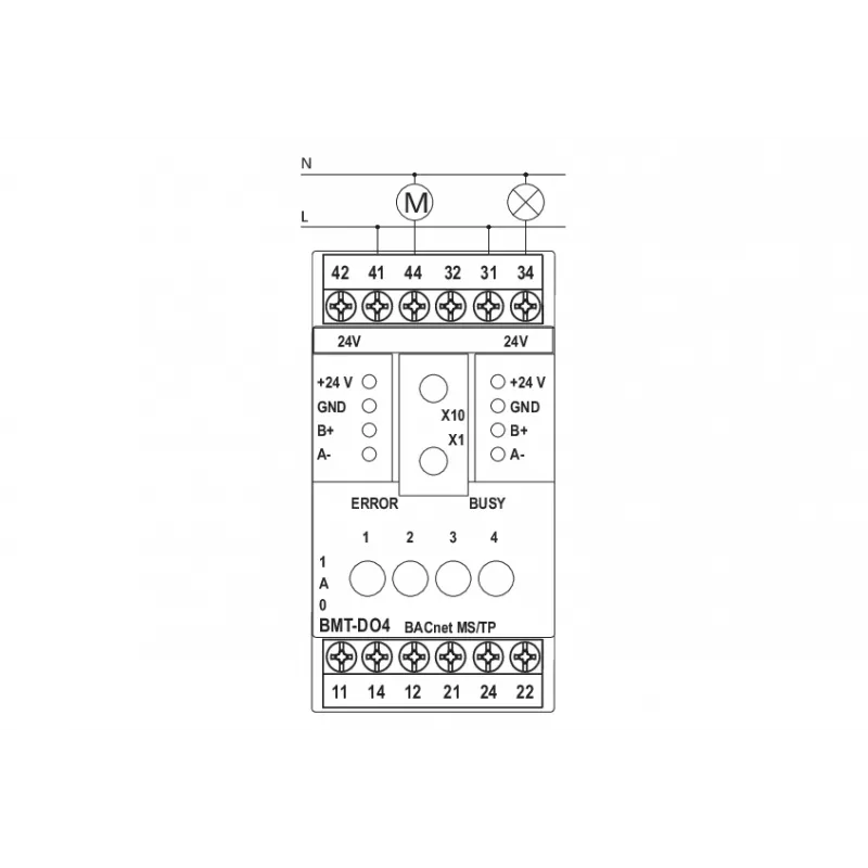 Dispositivo de campo METZ BMT-F-DO4 BACnet MS/TP com 4 saídas de relé, 4 entradas universais, 2 saídas analógicas, RS485, montagem em calha DIN, 24V AC/DC 110886132170
