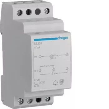 Hager ST301 transformador de campainha 230V para 8V/12V AC, 0,5A, calha DIN