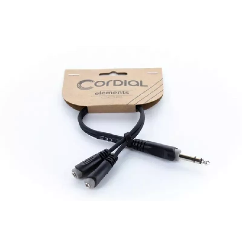 Cabo adaptador Y de áudio Cordial 14886 ficha jack estéreo 6,3 mm para 2x conector fêmea jack estéreo 3,5 mm 0,3 m cabo duplo PVC preto