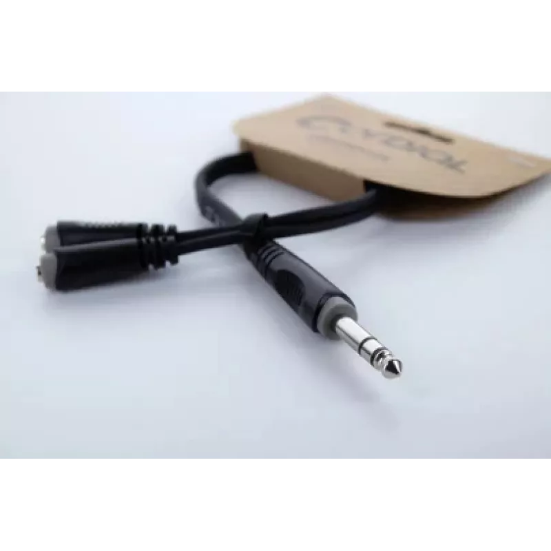 Cabo adaptador Y de áudio Cordial 14886 ficha jack estéreo 6,3 mm para 2x conector fêmea jack estéreo 3,5 mm 0,3 m cabo duplo PVC preto