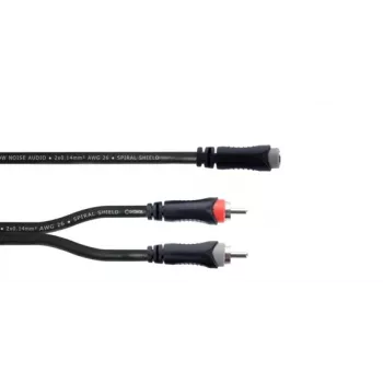 Cabo adaptador Y de áudio Cordial 14889 conector fêmea jack estéreo 3,5mm para 2x conector fêmea RCA 0,3m cabo duplo PVC preto