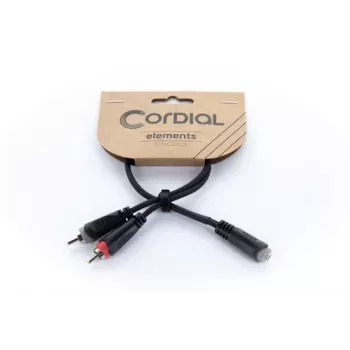 Cabo adaptador Y de áudio Cordial 14889 conector fêmea jack estéreo 3,5mm para 2x conector fêmea RCA 0,3m cabo duplo PVC preto