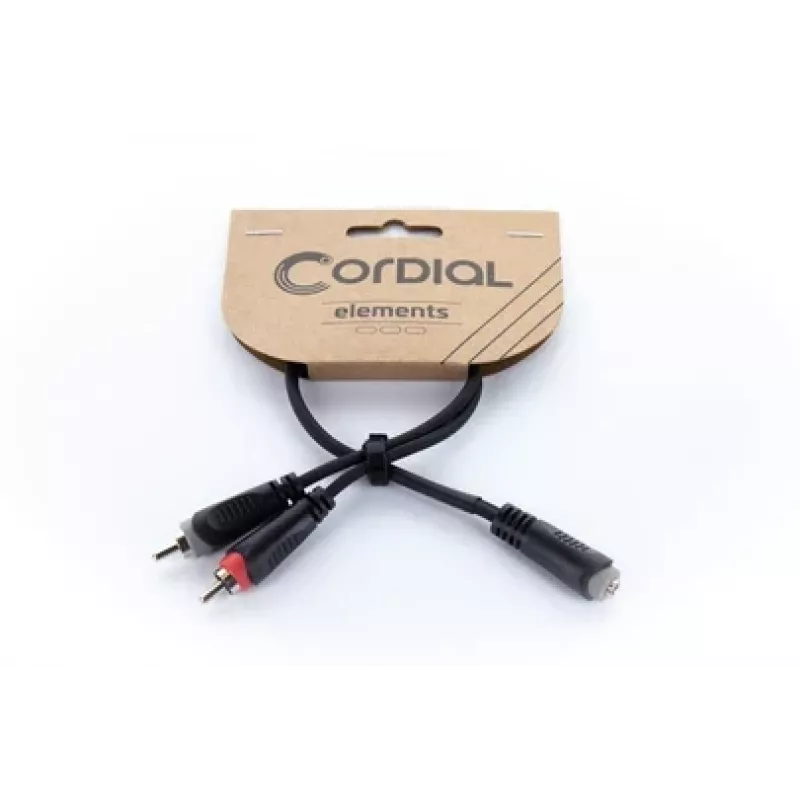 Cabo adaptador Y de áudio Cordial 14889 conector fêmea jack estéreo 3,5mm para 2x conector fêmea RCA 0,3m cabo duplo PVC preto