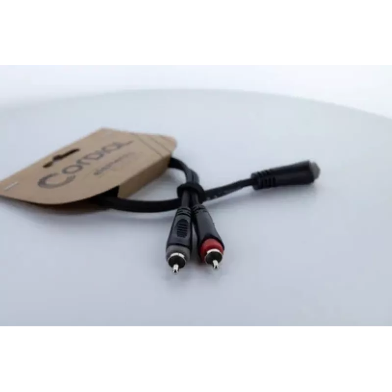 Cabo adaptador Y de áudio Cordial 14889 conector fêmea jack estéreo 3,5mm para 2x conector fêmea RCA 0,3m cabo duplo PVC preto