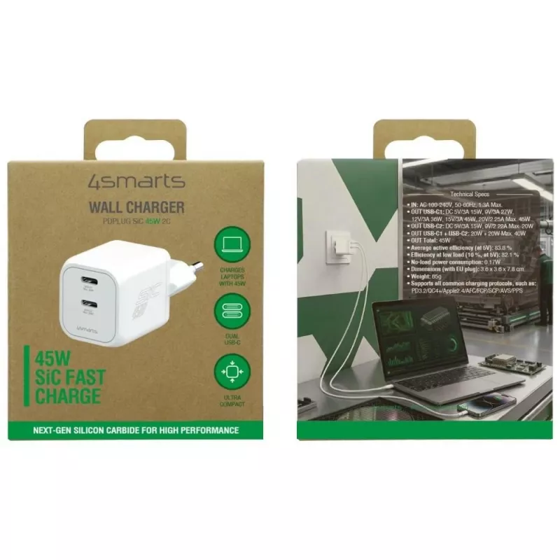 4smarts PDPlug SiC Dual 45W 2C carregador de parede branco