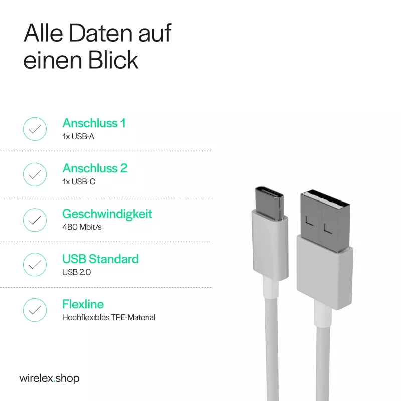 FLEXLINE FL31-13043 cabo de carregamento e sincronização USB-A para USB-C, 2.0, ABS, branco, 2m