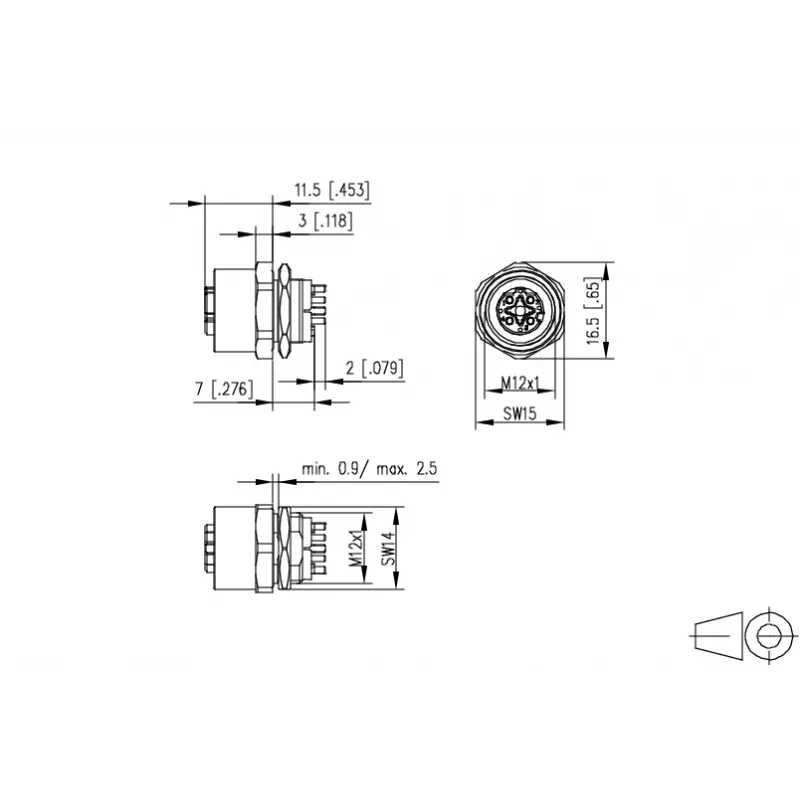 Conector fêmea METZ CONNECT MMT361A115-0001 M12 5 polos codificação A ligação por parafuso conector de campo, reto, IP67, aço