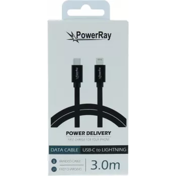 PowerRay Cabo de dados e carregamento USB-C para Lightning 3 m preto têxtil entrançado certificado MFi PR-DCCL300TBK