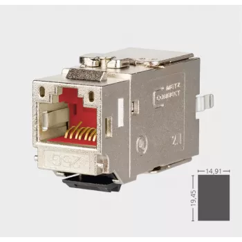 Keystone Jack METZ CONNECT C6Amodul K 180° 25G, blindado, Cat.6A, 25 Gigabit Ethernet, IDC sem ferramentas, zamac, certificado GHMT 130B21-25-E