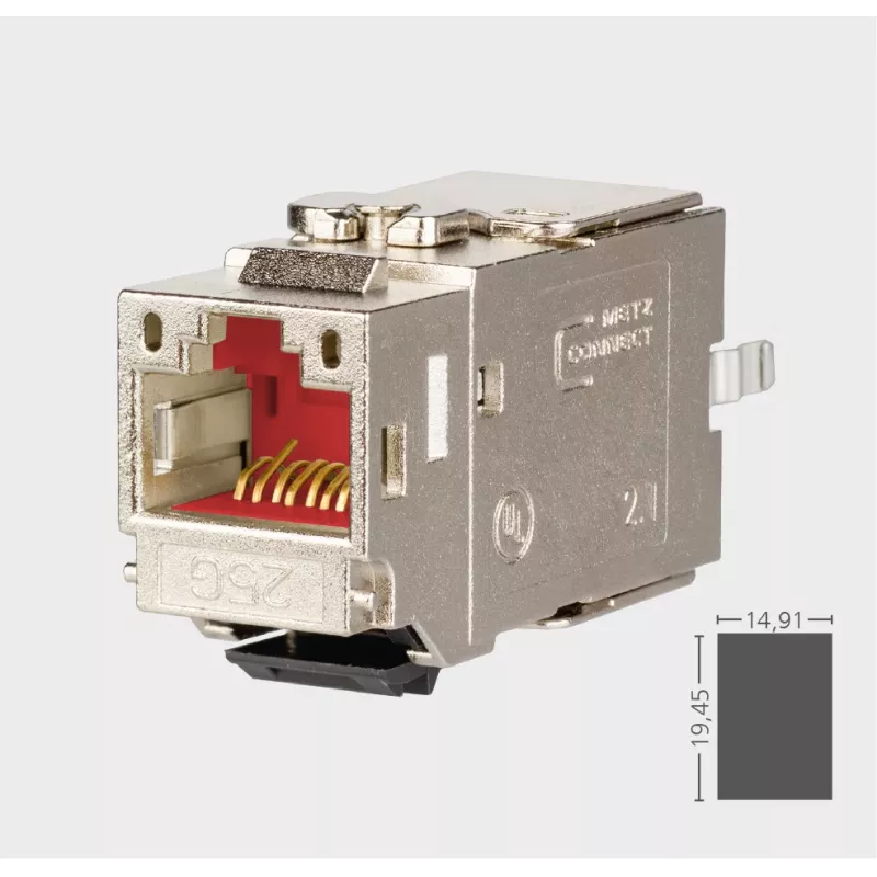 Keystone Jack METZ CONNECT C6Amodul K 180° 25G, blindado, Cat.6A, 25 Gigabit Ethernet, IDC sem ferramentas, zamac, certificado GHMT 130B21-25-E