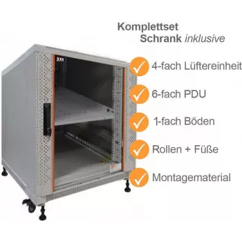 IT-BUDGET Rack de servidor de 19 polegadas SRK conjunto completo 12U 600x1000 mm porta de vidro/aço com 4 ventoinhas ativas, PDU, prateleiras, flatpack, cinzento-claro 90ITB19SRK12610GG