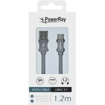 PowerRay Cabo de dados PR-DCUC120TGY USB-A para USB-C 1,2 m têxtil cinzento entrançado carregamento rápido & sincronização de dados 5 Gbps