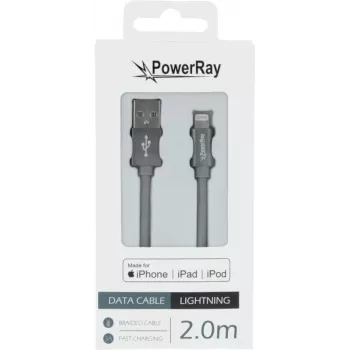 PowerRay PR-DCUL200TGY Cabo trançado USB-A para Lightning certificado MFi 2m cinzento têxtil