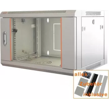 IT-BUDGET Armário de rede 19 polegadas SWA - 4U - 570 x 350 mm - porta de vidro - painéis laterais removíveis - montagem na parede e no chão - conjunto de acessórios - cinzento claro (90ITB19WS4635GG)