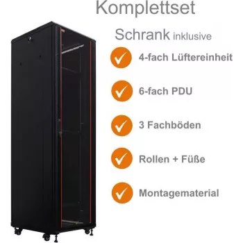 IT-BUDGET Rack de servidor 19 polegadas SRK conjunto completo 42U 600x600mm porta de vidro/aço, 4 ventoinhas ativas, PDU, prateleiras, flatpack, Preto 90ITB19SRK4266GS
