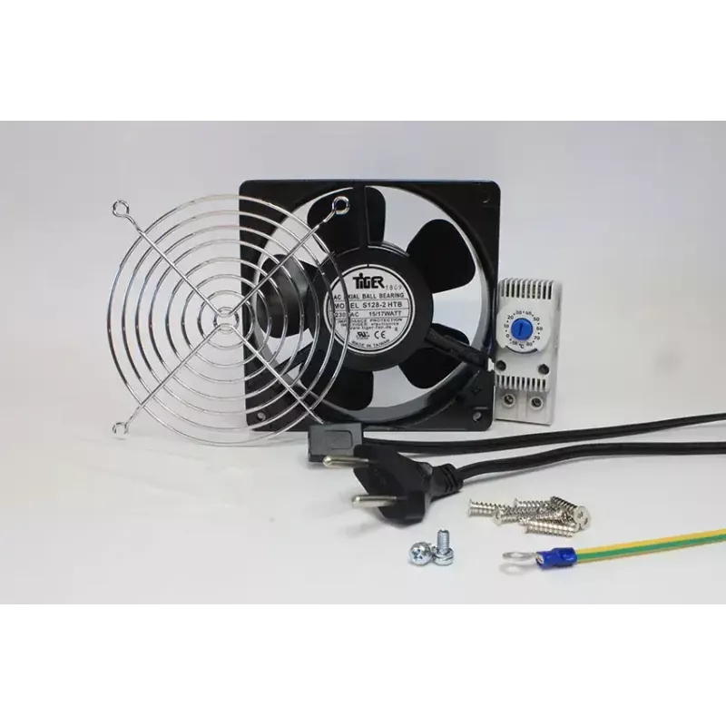 IT-BUDGET conjunto completo ventoinha para armário IT com termostato - 160 m³/h fluxo de ar - 230 V - 1 ventoinha, grelha de proteção, cabo, termostato, parafusos (90ITBLUESET1T)