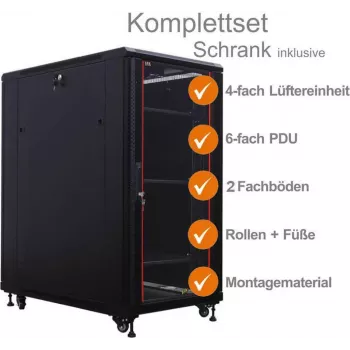 IT-BUDGET conjunto completo armário de servidor 19 polegadas SRK, 27HE, 600x1000 mm, porta de vidro/aço, 4 ventoinhas, PDU, prateleiras, pré-montado, preto 99ITB19SRK27610GSM