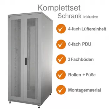IT-BUDGET conjunto completo rack de servidor 19 polegadas SRK - 42U - LxP 800x1000 mm - portas duplas perfuradas à frente + atrás - 4 ventoinhas ativas - PDU - prateleiras - montado - cinzento claro 99ITB19SRK42810DTGM