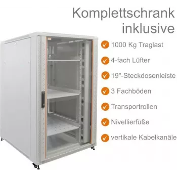IT-BUDGET bastidor de servidor 19 polegadas SRK conjunto completo - 27U - 800x1000 mm - porta de vidro/aço - 4 ventoinhas ativas - PDU - prateleiras - flatpack - cinzento-claro 90ITB19SRK27810GG