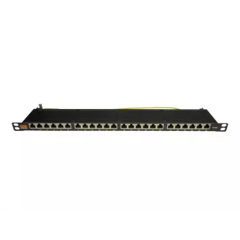 IT-BUDGET painel de patch 19 polegadas ultrafino, 0,5U, totalmente blindado, Cat.6A, 24 portas, PoE++, preto (90ITBPP6A05S)