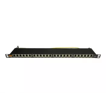 IT-BUDGET painel de patch 19 polegadas ultrafino, 0,5U, totalmente blindado, Cat.6A, 24 portas, PoE++, preto (90ITBPP6A05S)