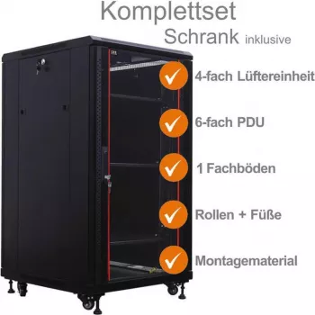 IT-BUDGET Armário de rede 19 polegadas SRK conjunto completo - 18U, 600x800 mm, porta de vidro à frente, porta de aço atrás, 4 ventoinhas ativas, PDU, prateleiras, pré-montado, preto 99ITB19SRK1868GSM