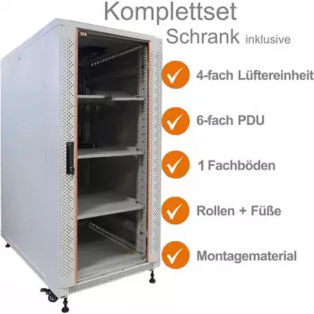 IT-BUDGET Armário de rede 19 polegadas SRK conjunto completo, 18U, 600x800 mm, porta de vidro/aço, 4 ventoinhas ativas, PDU, prateleiras, pré-montado, cinzento-claro 99ITB19SRK1868GGM