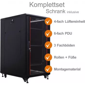 IT-BUDGET armário de rede 19 polegadas SRK conjunto completo 22U 600x800 mm porta de vidro/aço 4 ventoinhas PDU prateleiras flatpack preto 90ITB19SRK2268GS