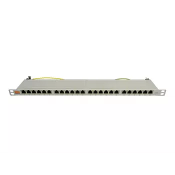 IT-BUDGET patch panel 19 polegadas superfino 0,5U totalmente blindado Cat.6A 24 portas PoE++, cinzento claro 90ITBPP6A05G