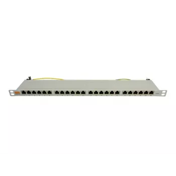 IT-BUDGET patch panel 19 polegadas superfino 0,5U totalmente blindado Cat.6A 24 portas PoE++, cinzento claro 90ITBPP6A05G
