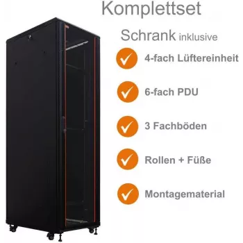IT-BUDGET armário de rede 19 polegadas SRK conjunto completo - 42U - 600x800 mm - porta de vidro/aço - 4 ventoinhas ativas - PDU - prateleiras - pré-montado - preto (99ITB19SRK4268GSM)