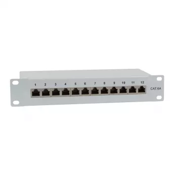 IT-BUDGET patch panel 10 polegadas - blindado - Cat.6A - 500MHz - 12 portas RJ45 - compatível com PoE+ - 1U - cinzento (90ITB10PP6AG)