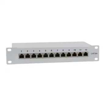 IT-BUDGET patch panel 10 polegadas - blindado - Cat.6A - 500MHz - 12 portas RJ45 - compatível com PoE+ - 1U - cinzento (90ITB10PP6AG)