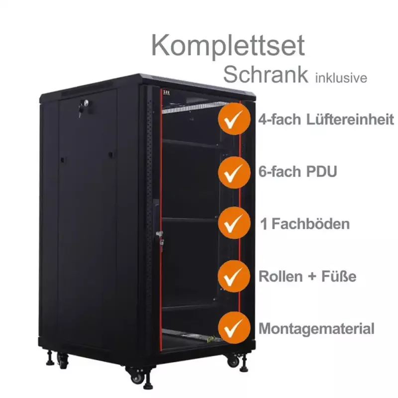 IT-BUDGET Armário de rede 19 polegadas SRK conjunto completo - 18U - 600x600 mm - Porta de vidro/aço - 4 ventoinhas ativas - PDU - prateleiras - pré-montado - Preto 99ITB19SRK1866GSM