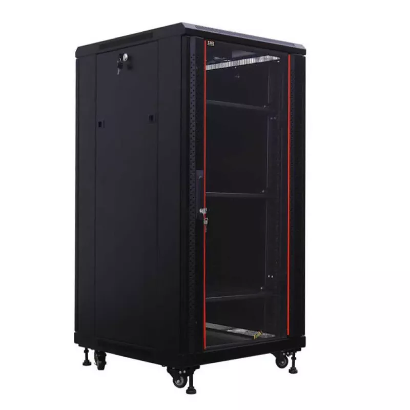 IT-BUDGET Armário de rede 19 polegadas SRK conjunto completo - 18U - 600x600 mm - Porta de vidro/aço - 4 ventoinhas ativas - PDU - prateleiras - pré-montado - Preto 99ITB19SRK1866GSM