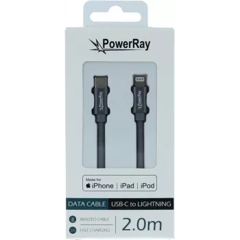 PowerRay Cabo trançado USB-C para Lightning MFi 2m Cinzento PR-DCCL200TGY