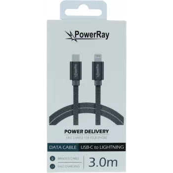 PowerRay Cabo trançado USB-C para Lightning 3m Têxtil Cinzento PR-DCCL300TGY
