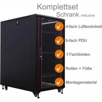 IT-BUDGET conjunto completo armário de rede 19 polegadas SRK - 18U - 600x1000 mm - porta de vidro/aço maciço - 4 ventoinhas ativas - PDU - prateleiras - pré-montado - preto 99ITB19SRK18610GSM