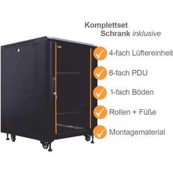 IT-BUDGET conjunto completo armário de rede 19 polegadas SRK 12U 600x800 mm porta de vidro/aço 4 ventoinhas ativas PDU prateleiras pré-montado preto 99ITB19SRK1268GSM