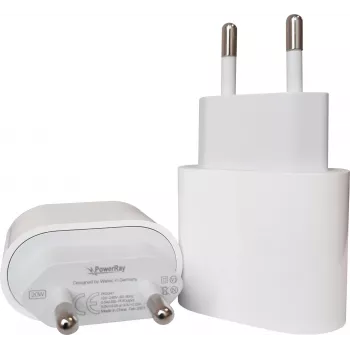 PowerRay PRMHJE3 carregador de parede USB-C PD 20W, EU 2 pinos, branco, embalagem blister