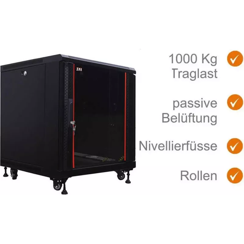 IT-BUDGET armário de rede 19 polegadas SRK - 12U - 600x800 mm - porta de vidro/aço - flatpack - preto (90ITB19SRK1268GSN)