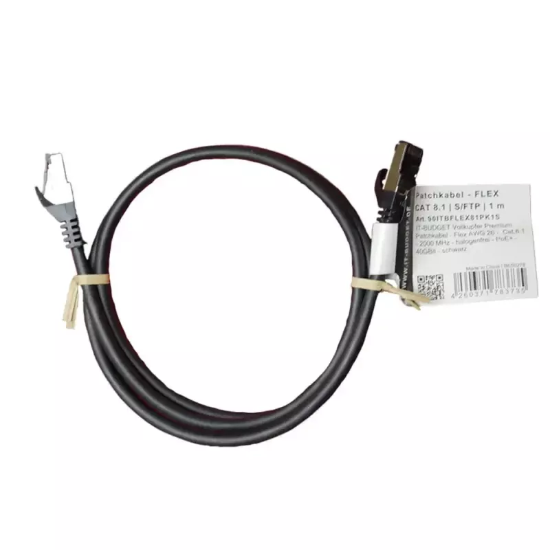 IT-BUDGET Cabo de Patch Cat.8.1 S/FTP, 1m, Preto, 40Gbps, 2000MHz, LSZH, PoE+ 90ITBFLEX81PK1S