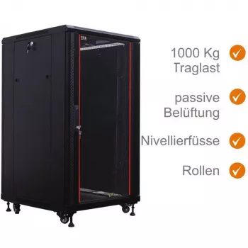 Armário de rede IT-BUDGET 19 polegadas SRK - 22U - 600x600 mm - porta de vidro à frente / porta de aço atrás - Flatpack - preto (90ITB19SRK2266GSN)