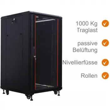 Armário de rede IT-BUDGET 19 polegadas SRK - 22U - 600x600 mm - porta de vidro à frente / porta de aço atrás - Flatpack - preto (90ITB19SRK2266GSN)
