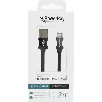 Cabo de dados e carregamento PowerRay PR-DCUL120TBK USB-A para Lightning certificado MFi, nylon entrançado, 1,2 m, preto