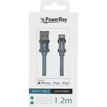 Cabo têxtil PowerRay USB para Lightning MFi 1,2 m cinzento têxtil PR-DCUL120TGY