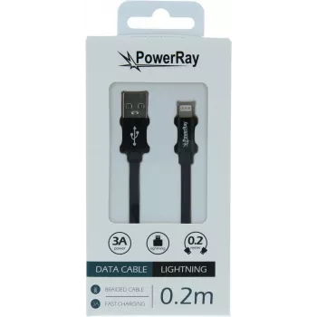 Cabo de dados/carregamento PowerRay USB-A para Lightning 0,2 m têxtil preto PR-DCUL020TBK